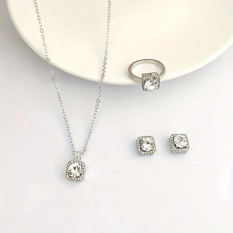 4-piece Rhinestone Jewelry Set includes necklace, earrings, and ring, perfect for women and teens for parties and special occasions.