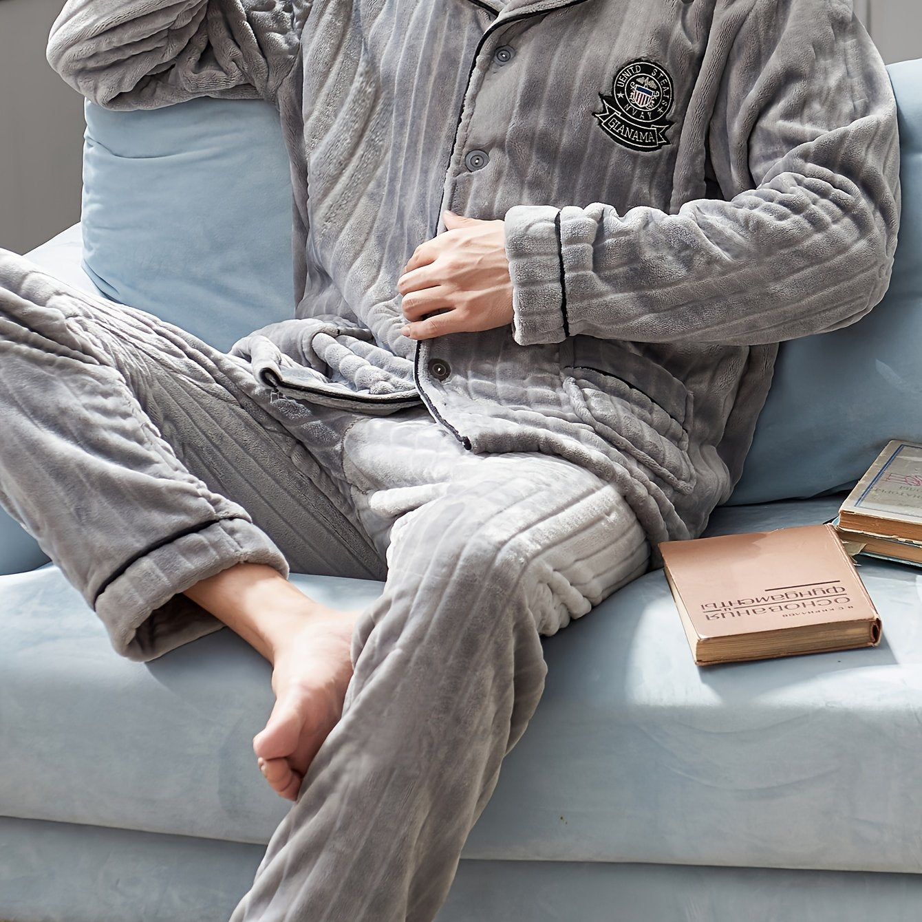 Autumn/Winter Flannel Pajama Set for Men featuring warm long sleeves and pants in thickened velvet fabric.