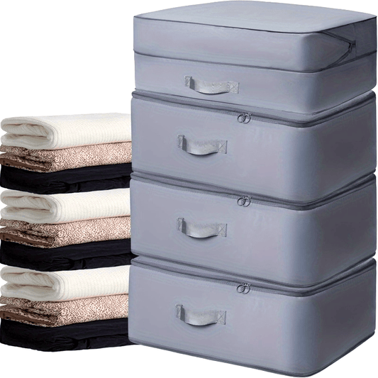 Large Gray Compression Storage Bags - 4 Pack, Space-Saving Organizer for Clothes & Bedding with Strong Metal Zippers, Handles, and Water-Resistant Fabric - Perfect for Closet Organization and Maximizing Storage Space