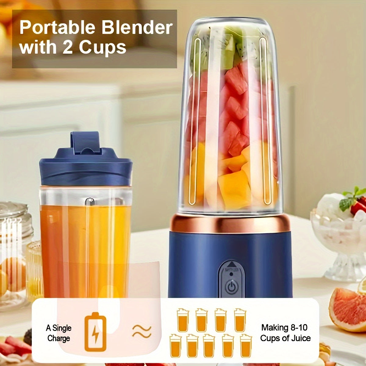 Compact USB rechargeable portable juicer cup in sleek pink and blue with safety lock, perfect for making smoothies and fresh juice on the go. Includes juice container, great for both home and travel.