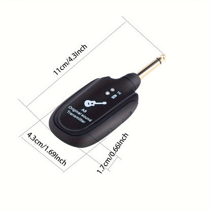 System for wirelessly transmitting audio for electric guitar, wind instruments, and electric bass pickups.