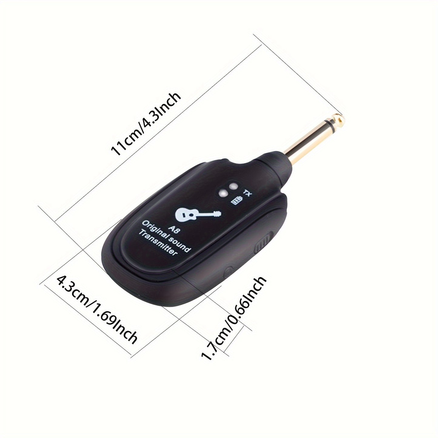 Wireless guitar pickup system with built-in rechargeable lithium battery for audio transmission in electric instruments.