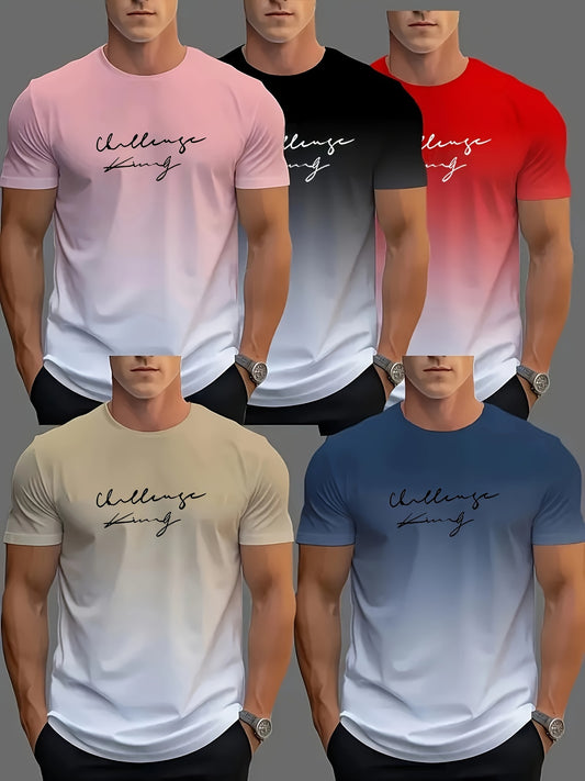 Men's 5-Pack Ombre "Challenge & King" T-Shirts made of 95% Polyester and 5% Spandex with Crew Neck and Regular Fit for comfort and breathability.