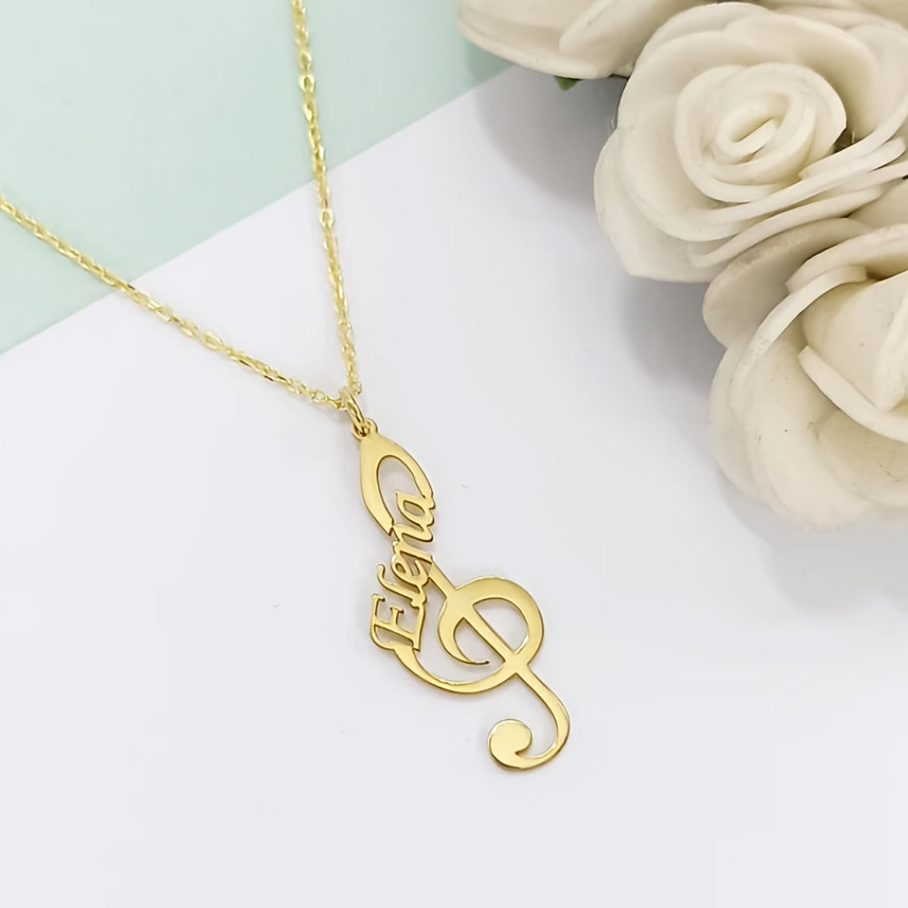 Elegant Bohemian Style Stainless Steel Music Note Necklace Personalized with Name, Perfect for Everyday Wear and Parties, Great Gift for Musicians who Love High Pitch and Custom Music Symbols.