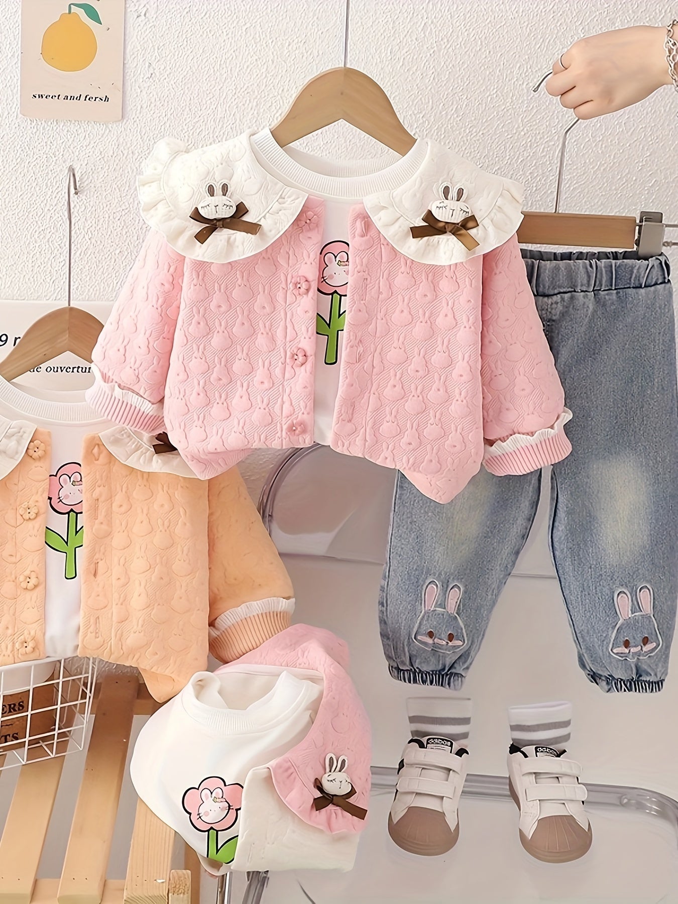 Girls' 3-piece spring/autumn fashion set featuring a cute ruffle collar, floral print long-sleeve t-shirt, denim rabbit pants, and regular fit polyester blend outerwear. Suitable for