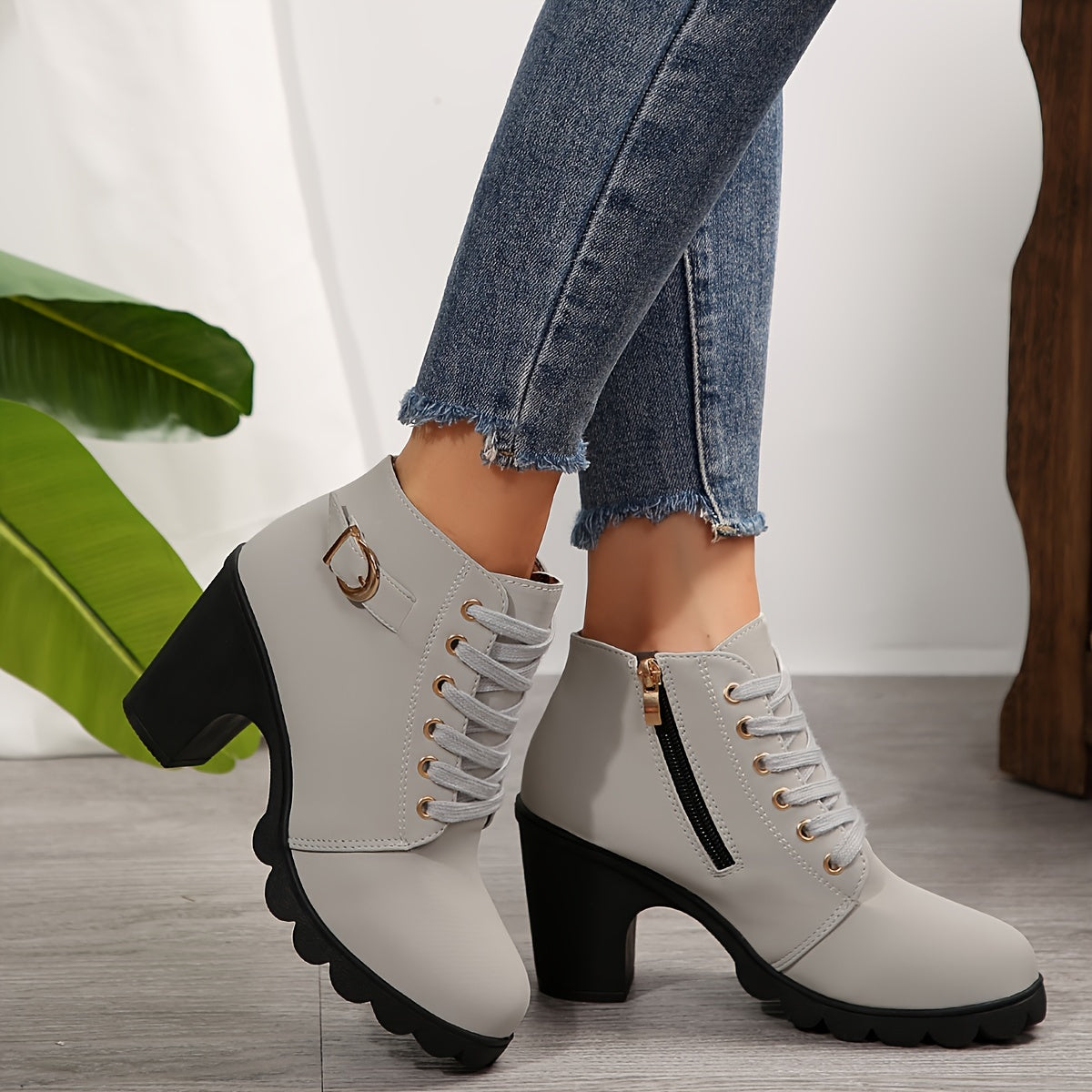 Chunky heel lace-up ankle boots for women, with side zipper.