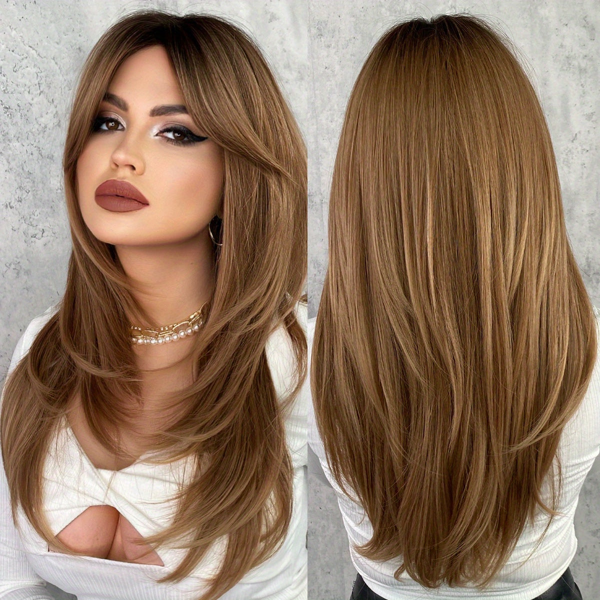 Long wavy honey blonde wig for women with heat resistance and bangs, made from natural synthetic brown fibers in a layered style.