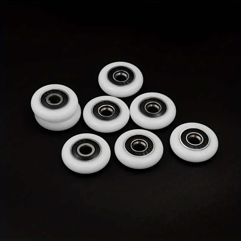 8pcs/lot sliding shower door rollers with plastic & nylon wheels, 5mm bearing bore, for upper & lower runners on bathroom doors; includes bathroom accessories.