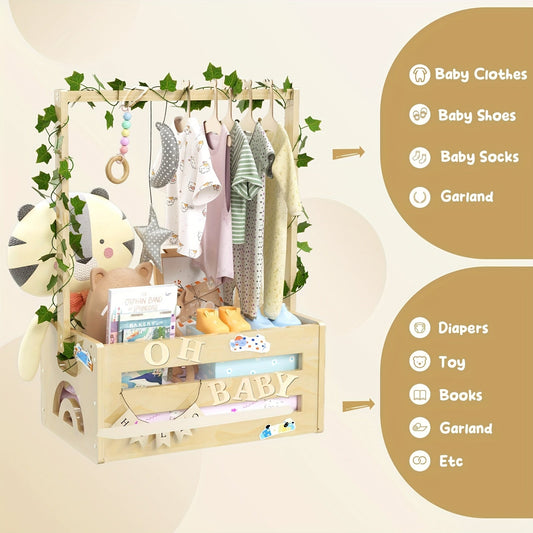 Adorable Kids' Nursery Gift Basket with Wood Accents - Includes Clothes Hangers, Vine Details, and Handle - Perfect for Baby Showers and New Parents Expecting a Boy or Girl