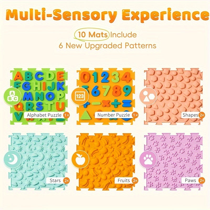 Set of 10 Sensory Mats: Educational Silicone Number & Alphabet Puzzle, Orthopedic Massage Mat for Children's Sensory Exploration