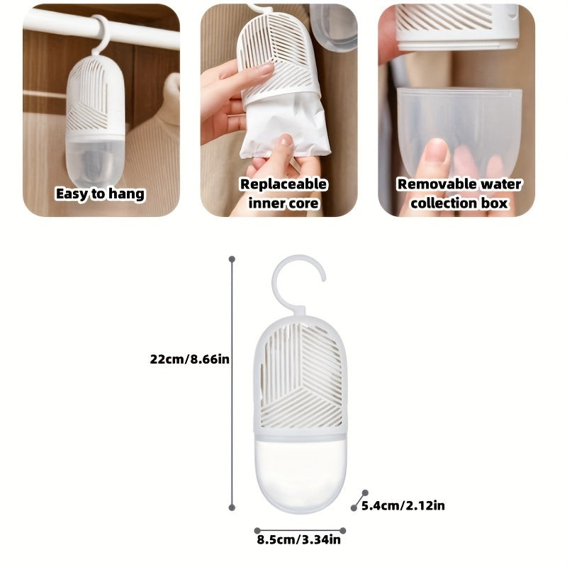 Single hanging dehumidification box with hook, ideal for bedroom, bathroom, study room, and wardrobe. Made of ABS plastic, no electricity needed. Can be used in dehumidification cabinets.