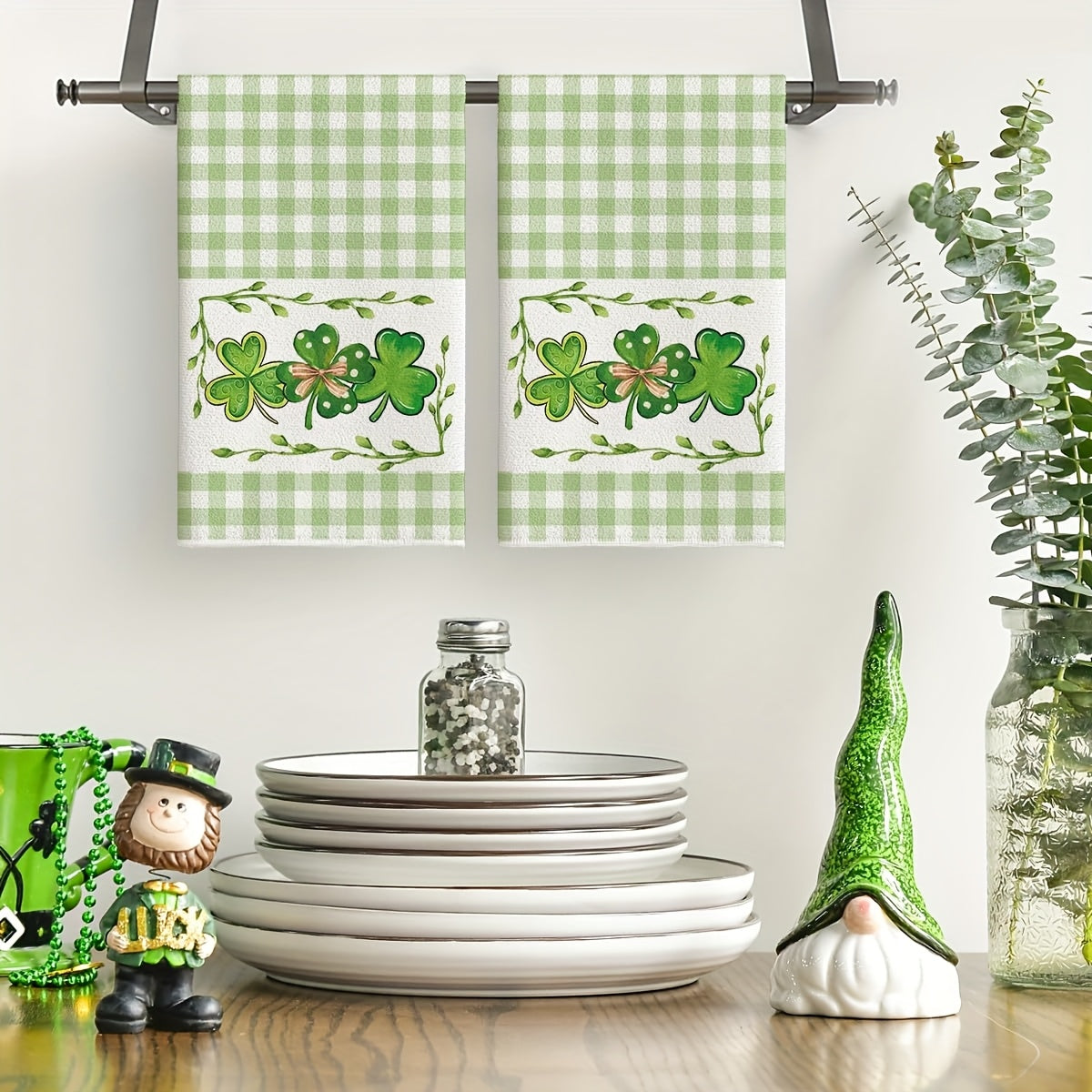 Two Buffalo Check Clover Kitchen Towels perfect for St. Patrick's Day festivities, sized at 40.64X60.96 cm. These Farmhouse-inspired hand towels add a touch of festive decor to your home.