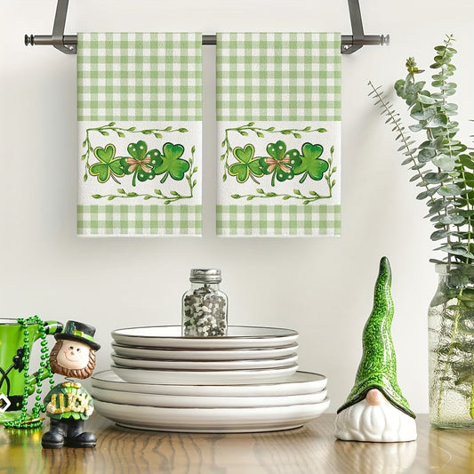 Two Buffalo Check Clover Kitchen Towels perfect for St. Patrick's Day festivities, sized at 40.64X60.96 cm. These Farmhouse-inspired hand towels add a touch of festive decor to your home.