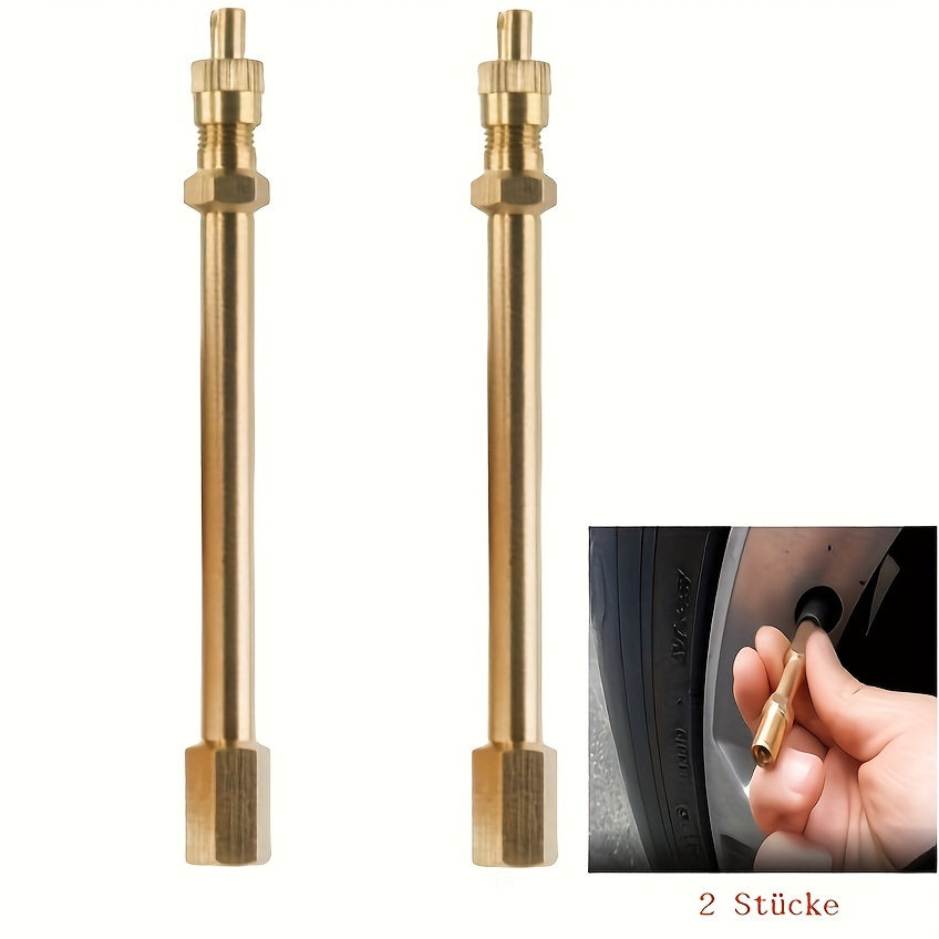 Two pieces of Golden Copper Tire Valve Extension Stems, suitable for use on cars, trucks, vans, RVs, and SUVs.