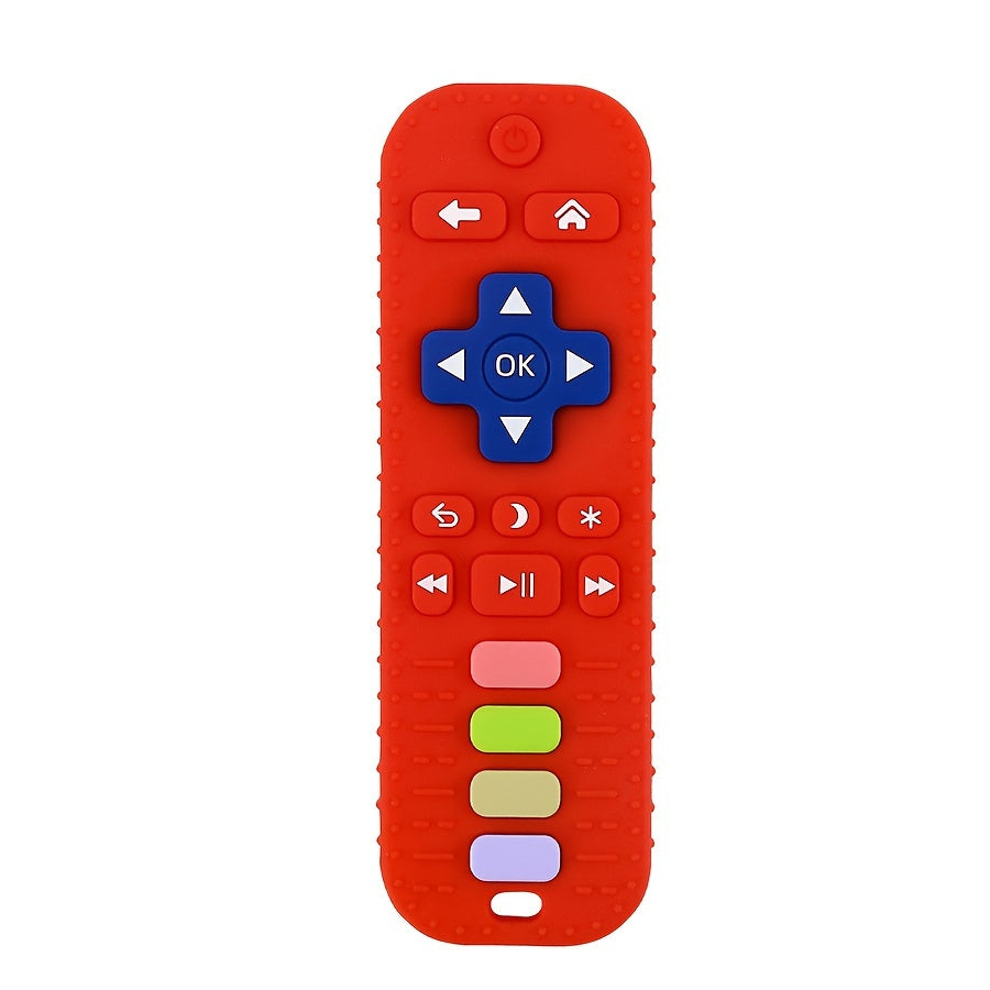 Soft silicone teether designed like a remote control, free of BPA. This baby chew toy is easy to clean and comes in a variety of multi-color options for ages 0-3 years. Comes as a single piece.