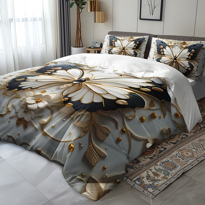 Butterfly floral duvet cover set with animal print, insect theme, and breathable polyester. Includes 1 duvet cover and 2 pillowcases. All-season and machine washable. Digital print