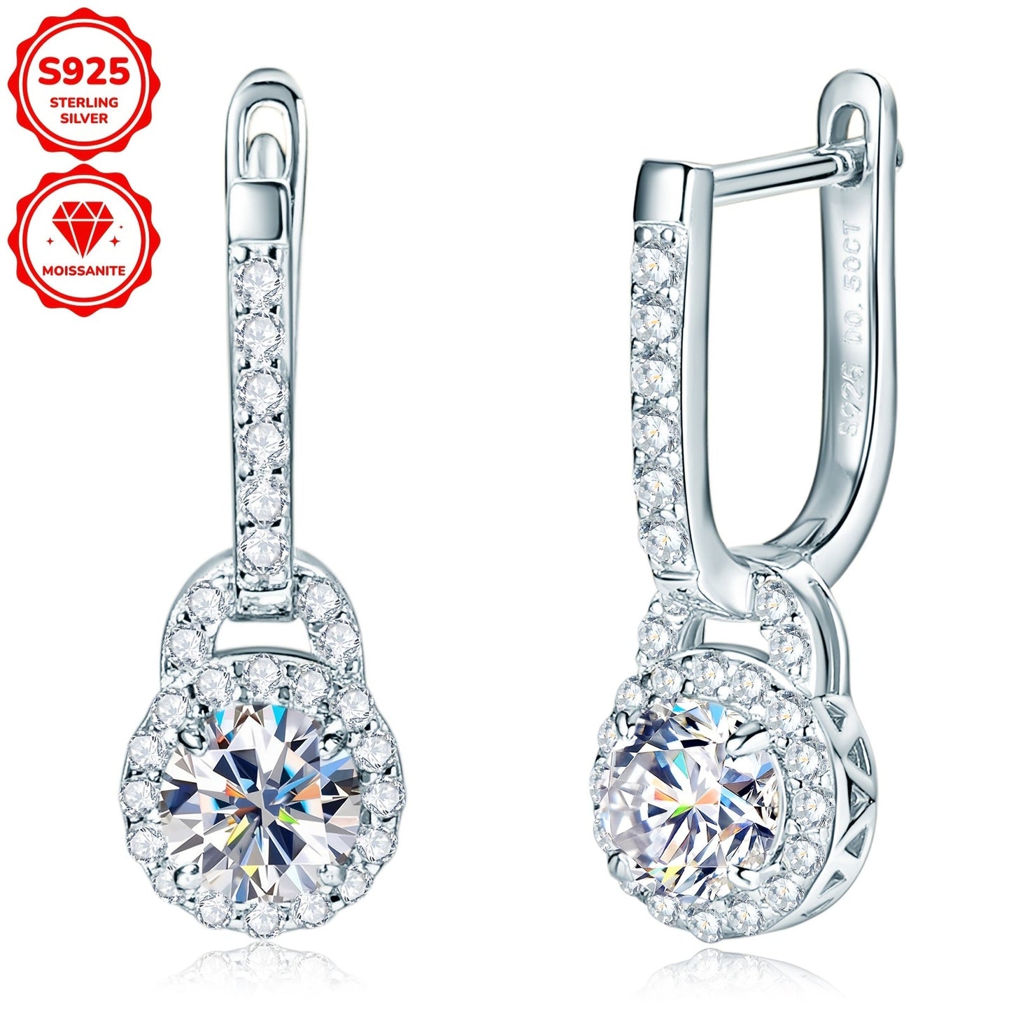 This pair of stylish hoop earrings is crafted from 925 sterling silver and features a beautiful silvery gram weight of 2.76g. Each earring showcases two dazzling Moissanite stones measuring 5mm, with a total carat weight of 0.5ct. The unique earring lock