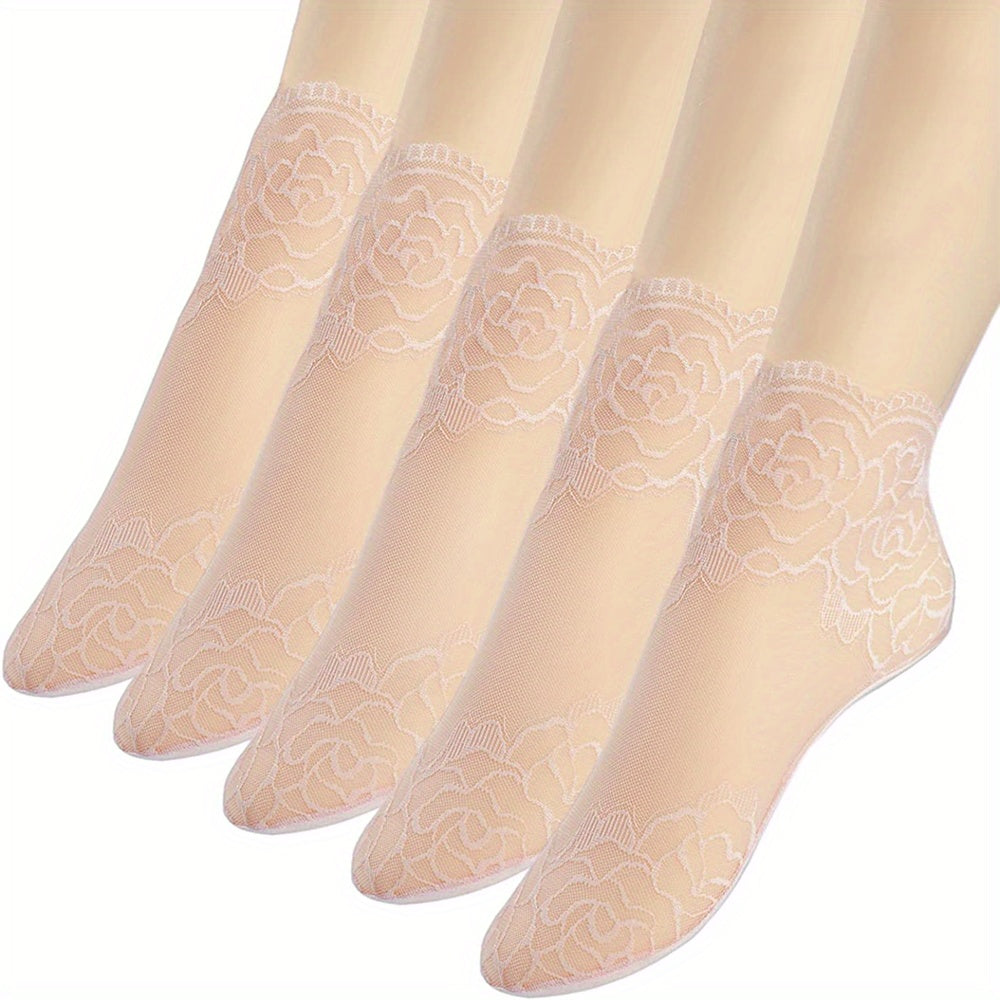 5 pairs of women's invisible boat socks featuring geometric-pattern lace floral trim, made of 95% polyester and 5% spandex knit fabric. Hand washable with contrast lace ankle socks.