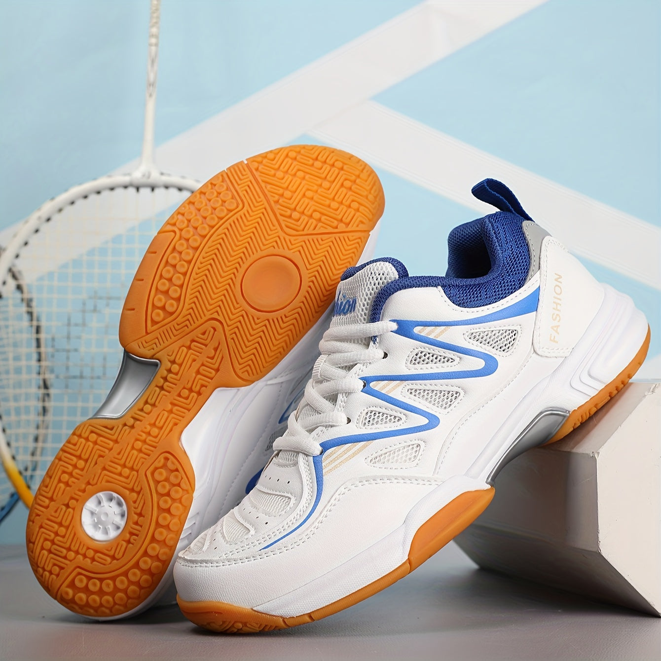 Unisex badminton tennis shoes with breathable, non-slip, and durable design. Made with superfine fiber and fabric upper, fabric inner, and rubber/EVA sole. All-season sports footwear from