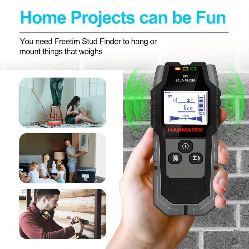 HANMATEK SF2 5-in-1 Handheld Wall Detector detects metal, wood, AC wires and offers electronic measuring. LED/Number display, safe drilling, precise positioning, battery-powered (battery