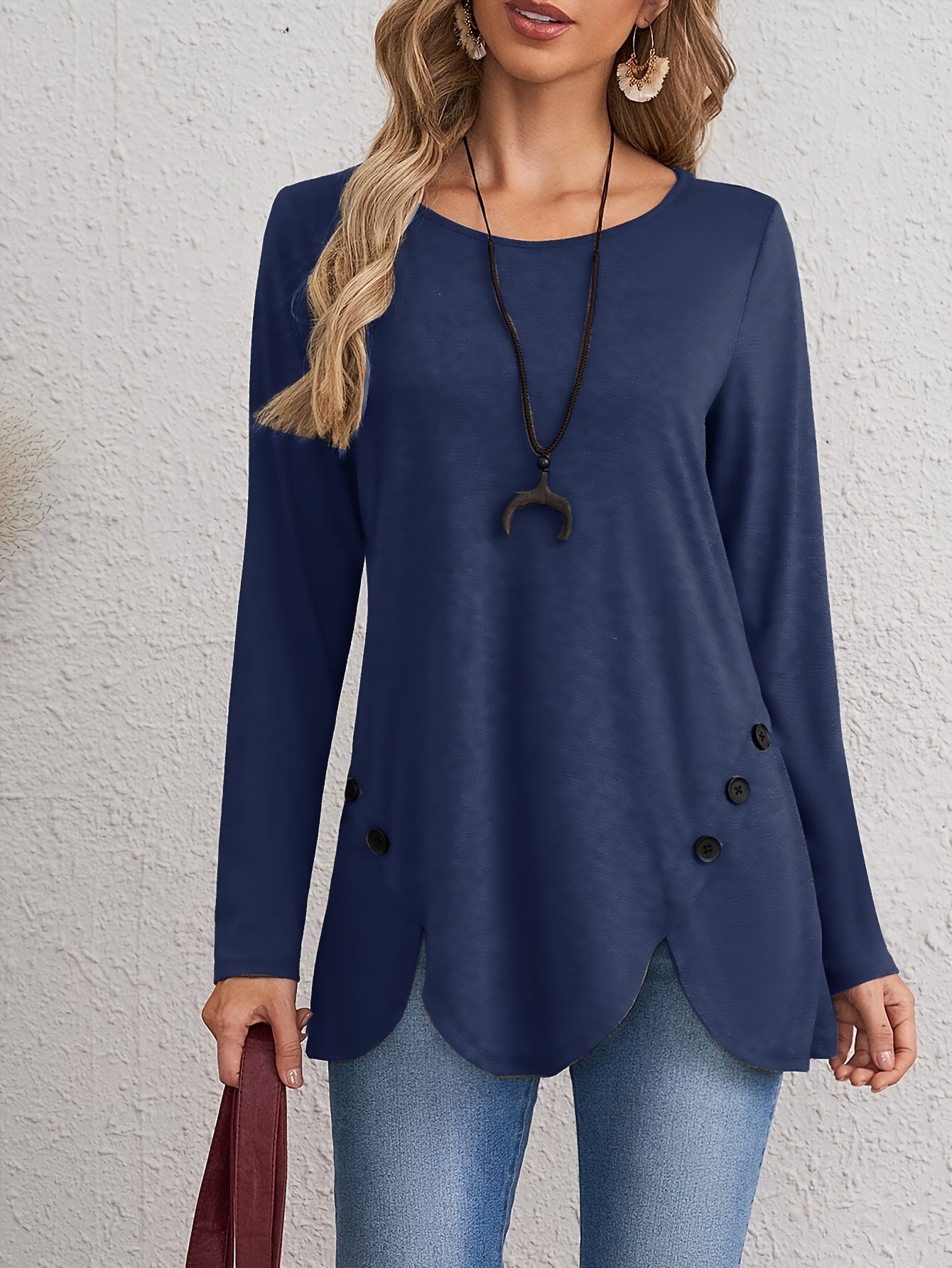 Stylish European & American Long Sleeve T-Shirt for Women - Features Decorative Buttons, Crew Neck, Stretchy Polyester Blend - Ideal for Spring/Fall seasons.