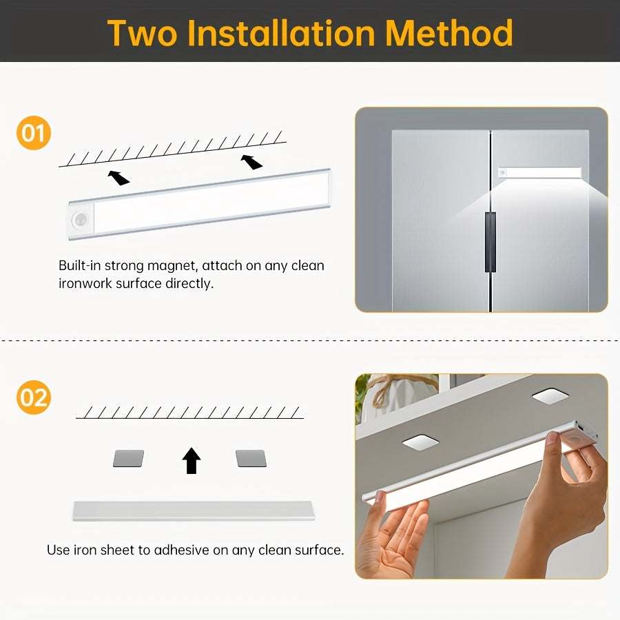 Wireless motion sensor underlight for cabinets, closets, stairs, and more; powered by rechargeable battery.