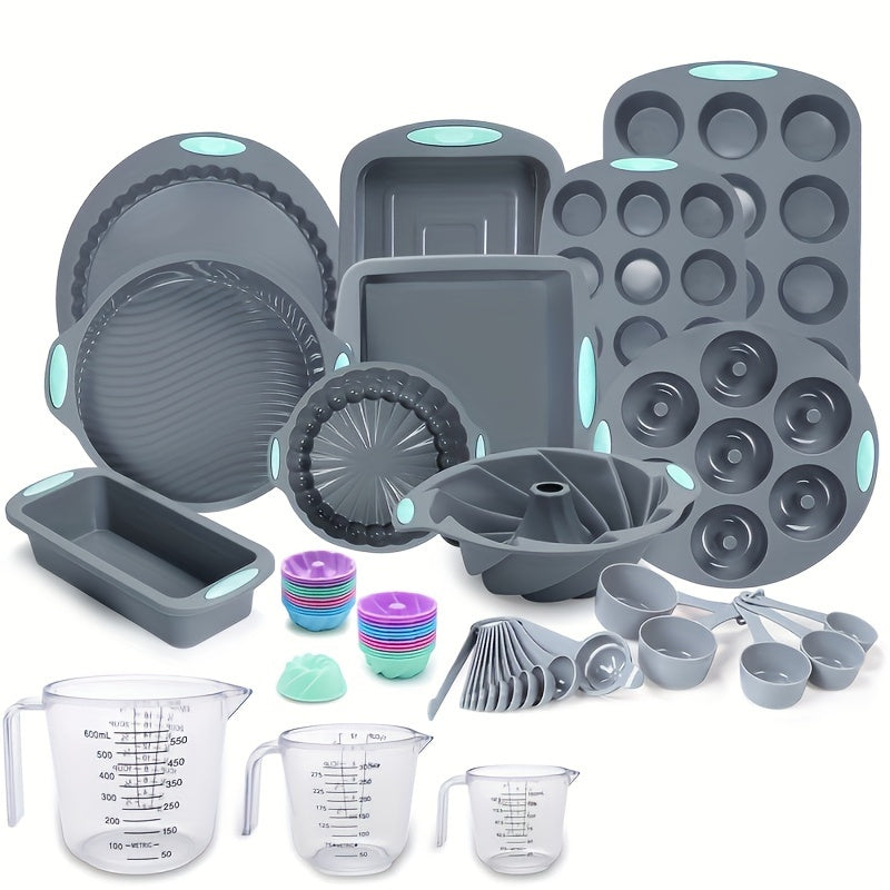 Silicone baking set includes 45 pieces, including various molds, pans, cups, and tools for the kitchen.