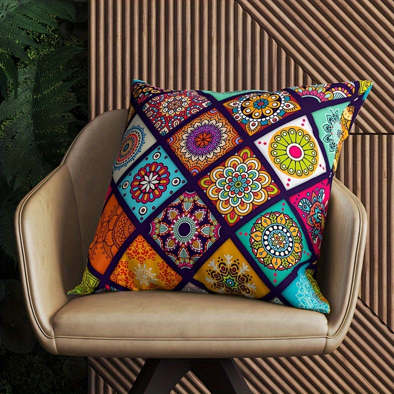 Bohemian Chic Zippered Throw Pillow Cover made of machine washable knit polyester fabric, ideal for decorating living room and bedroom. 45.72x45.72 cm size, insert not included.