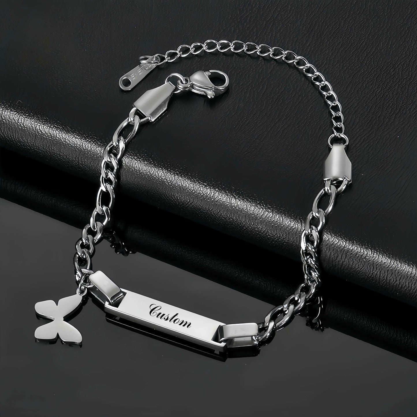 Personalized Stainless Steel Bracelet with Charms - Butterfly, Star, Crown & Heart - Custom Engraved with Name and Date - Ideal for Celebrations like Birthdays, Valentine's Day, Mother's Day and Beyond