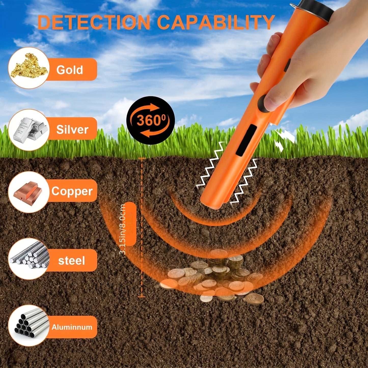 Adjustable sensitivity pinpointer metal detector with 360 degree search, LED indicator, belt holster, buzzer, battery-operated (batteries not included).