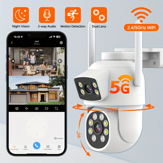 Dual lens security camera with wireless 2.4/5g dual band wifi, 4MP resolution, 360 view PTZ, AI mobile detection, two-way audio, color night vision, and smart phone app for monitoring