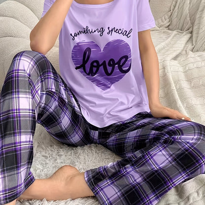 Casual Heart & Letter Print Pajama Set for Women, Short Sleeve Top & Plaid Pants, Relaxed Fit.