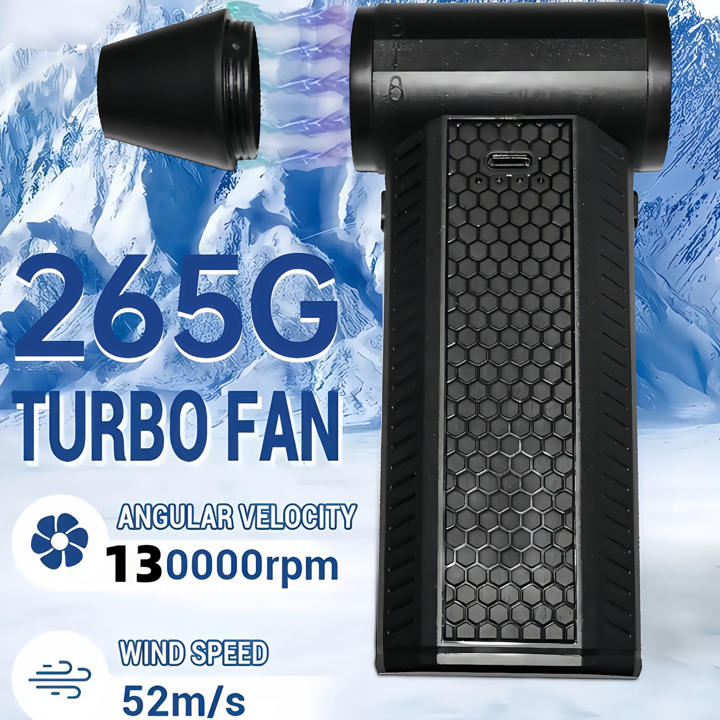 The JKUOO Turbo Handheld Fan reaches speeds of 130,000 RPM and is powered by an 8000mAh USB rechargeable lithium battery. This durable high-speed blower is perfect for camping and outdoor activities, as well as indoor use. Made of plastic material with