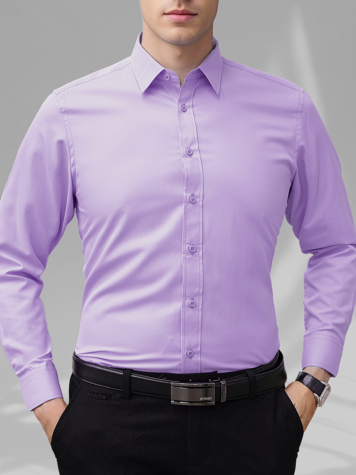 Classic men's button-down dress shirt in solid color, suitable for business casual office wear in the spring season.