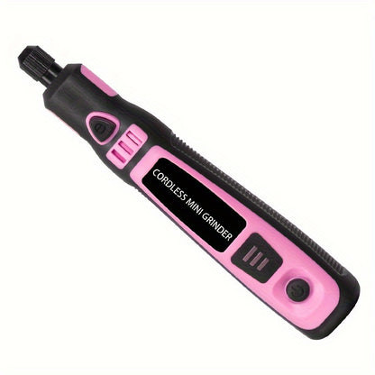 Cordless mini electric grinder set in pink with 3-speed rotary tool kit, rechargeable lithium battery. Portable machine for polishing, carving, engraving, and drilling on jade, wax, and