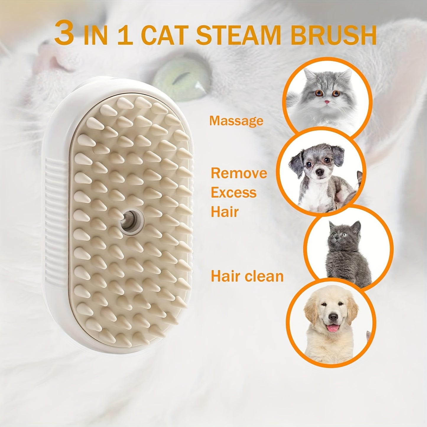 3 in 1 pet grooming tool with release button, spray, and hair removal - Steam brush for cats and dogs.