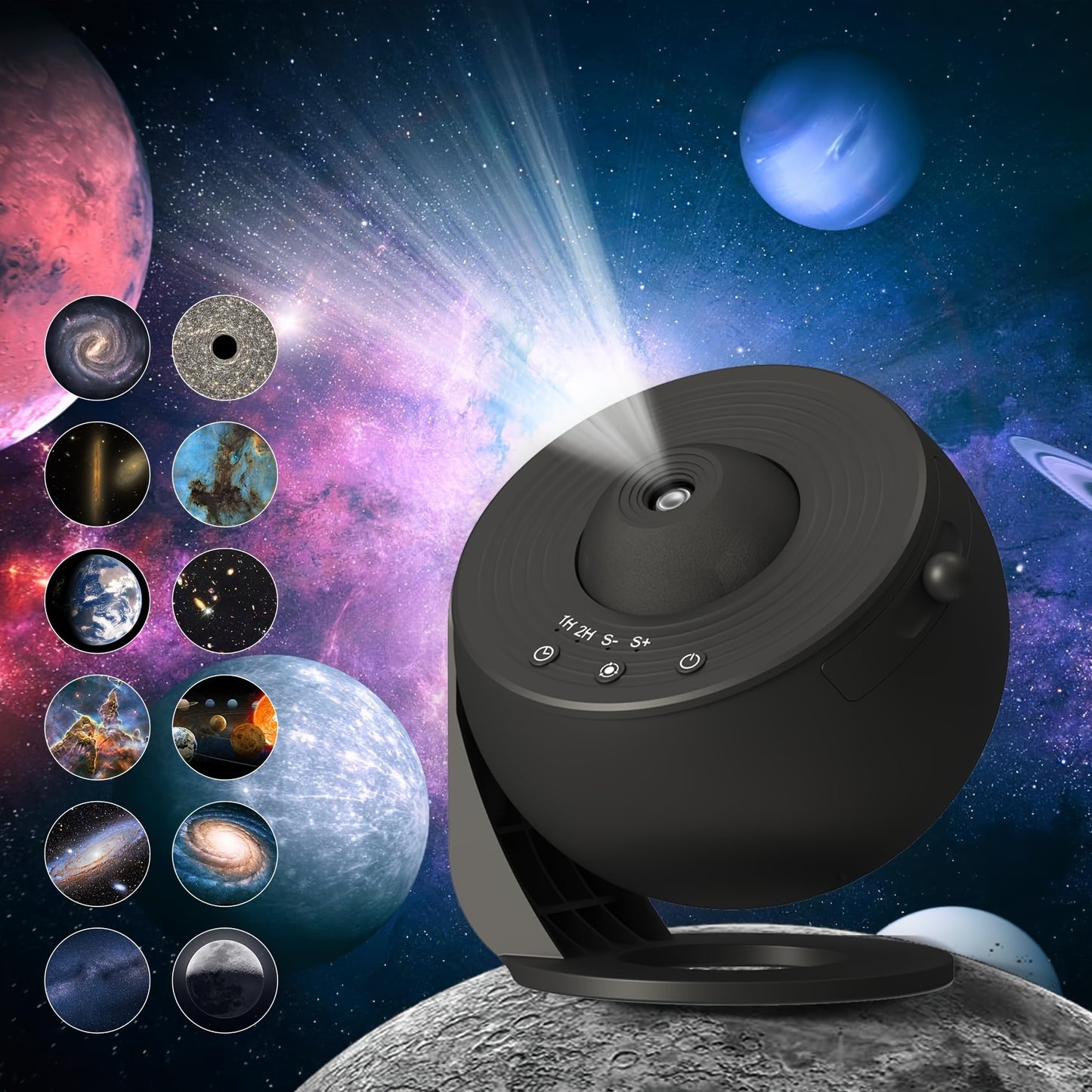 Galaxy projector with 12 replacement plates for adult bedroom or living room decoration, featuring high definition images of solar system constellations and the moon.