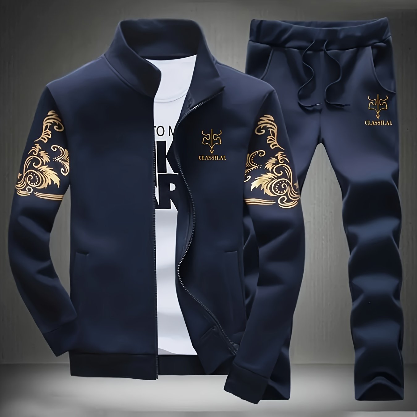 Men's Polyester Long Sleeve Sports Suit with Collared Neck Print, Regular Fit, Pocket, for Spring and Autumn.