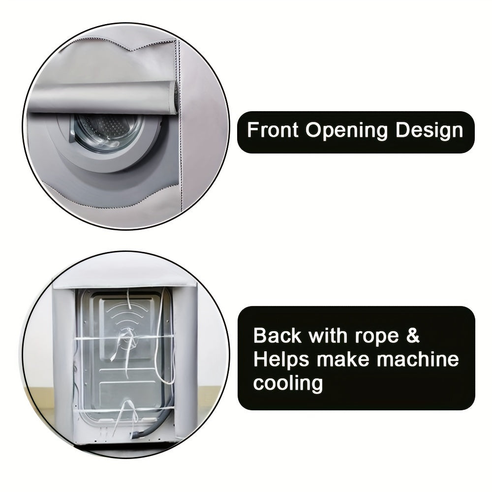 Front load laundry dryer cover protects washing machine from sun, dust, and water.