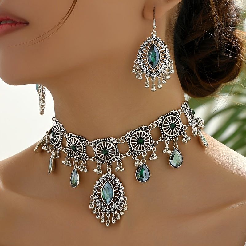 Luxurious Vintage Floral Pattern Dangle Earrings and Necklace Set with Synthetic Gems and Ethnic Silver Plating - Perfect Eid Gifts for Women