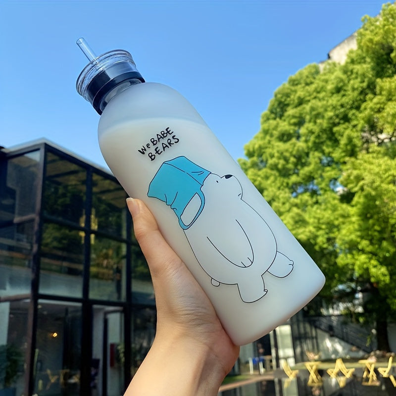 Large-capacity cute panda water bottle with straw - perfect for students and outdoor activities, BPA-free and lightweight PC plastic.