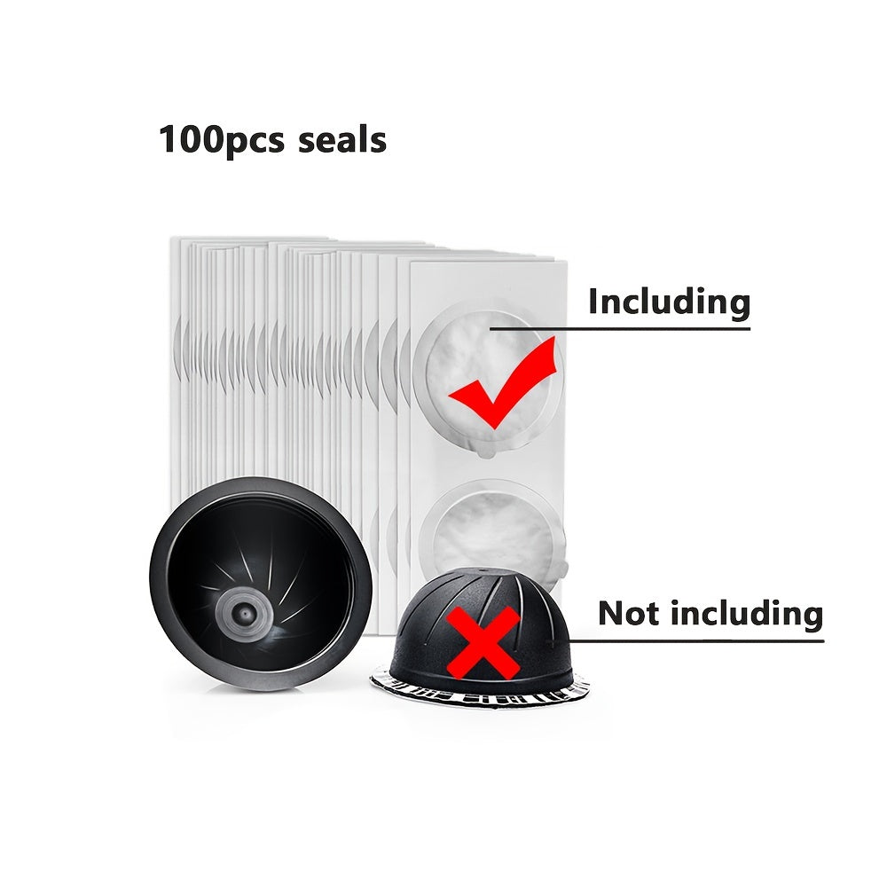 Disposable refillable capsules pods lids with aluminum seals stickers, perfect for Nespresso Vertuo Plus automatic coffee cafe machine maker, measuring 59mm in diameter.