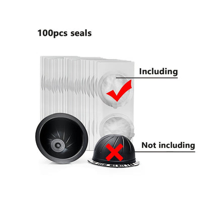 Disposable refillable capsules pods lids with aluminum seals stickers, perfect for Nespresso Vertuo Plus automatic coffee cafe machine maker, measuring 59mm in diameter.