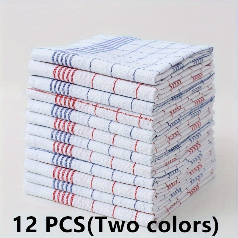 Pack of 12 kitchen towels in 2 colors (blue and red plaid), made of cotton knit with stripes and checkers. These multipurpose cloths are suitable for use in the home, living room, bedroom, outdoor, bathroom, and kitchen. They are reusable cleaning cloths