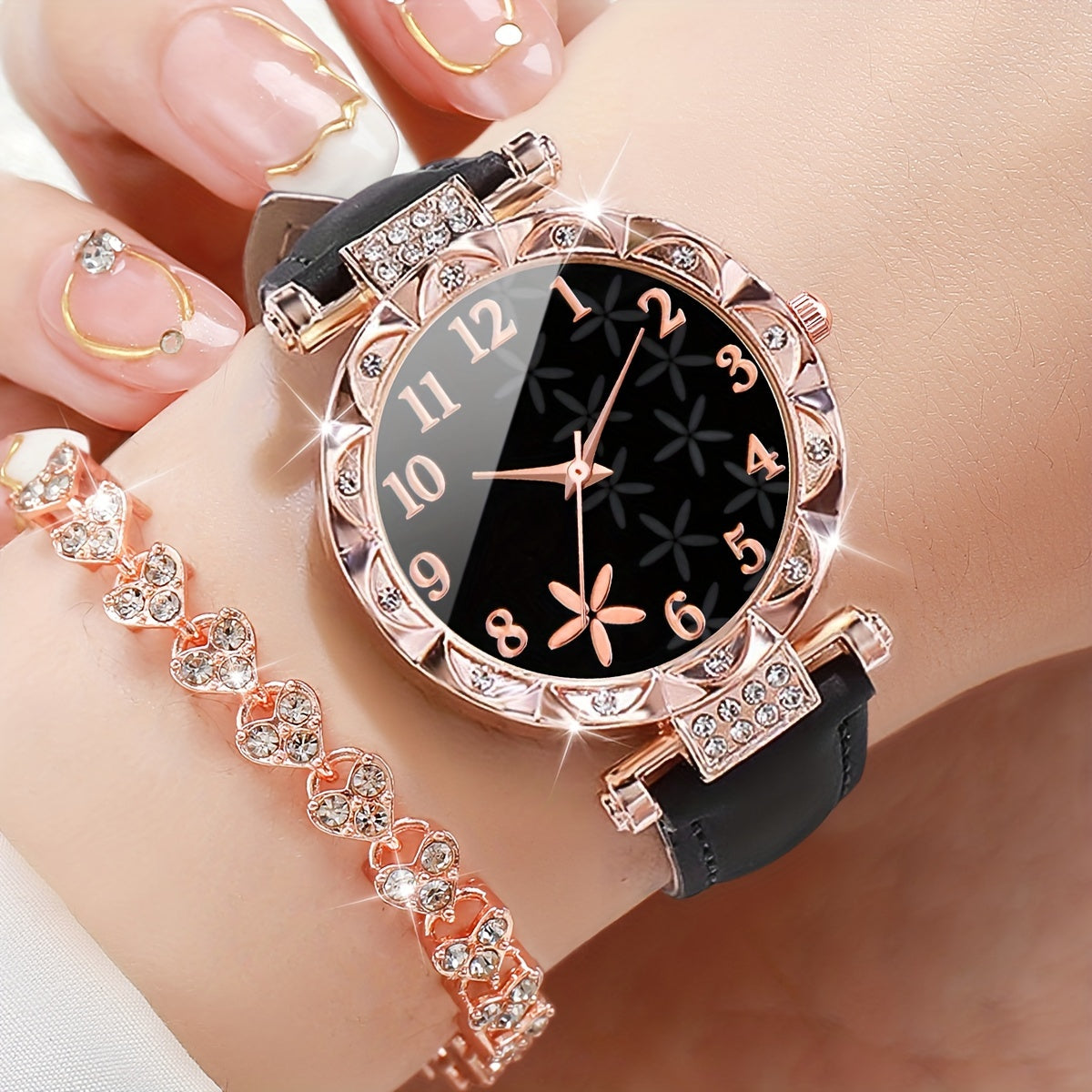 Set includes a women's fashion watch with bracelet. Features digital quartz movement, round alloy case, PU leather strap, and non-rechargeable battery. Watch box not included.