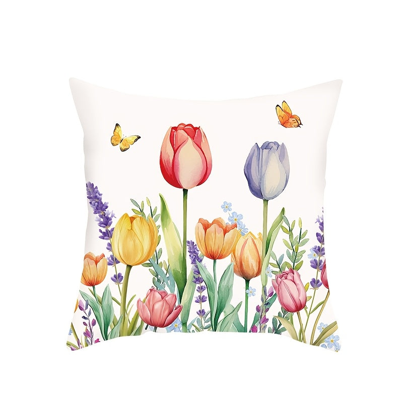 Modern Floral and Butterfly Print Decorative Pillow Cover, Made of Polyester, Easy to Clean in the Washing Machine, Features a Zipper Closure, Ideal for Adding a Touch of Spring to Your Living Room Decor or Party Setting.