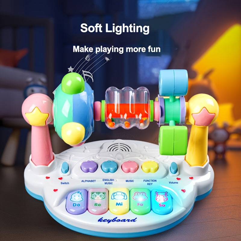 Educational Toy for Boys & Girls: Multi-Functional Kids Electronic Music Piano with Shaking Bells, Lights, and Alphabet & Piano Keys, Soft Lighting and Fun Spinning, White