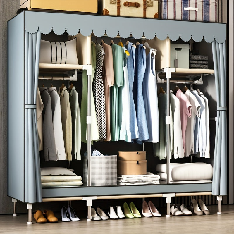 The Simple Clothes Storage Wardrobe features a drawer and dust-proof curtain, making it a convenient and efficient storage solution for your bedroom or entryway. This steel tube wardrobe is easy to assemble and offers a large capacity for organizing your