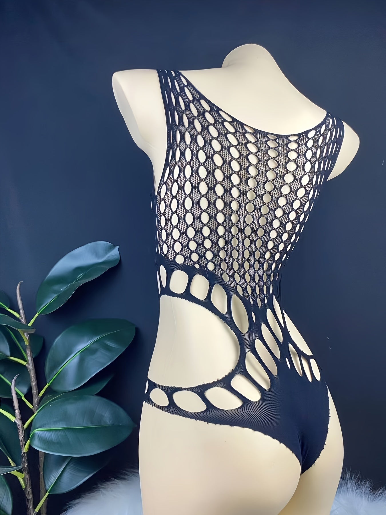 Nylon bodysuit with hook knit cutout design and tight fit for adult women's sexy streetwear.