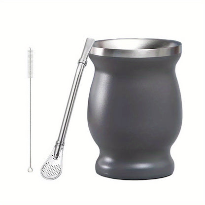 Set includes 8oz Yerba Mate cup, bombilla straw, and brush. Stainless steel vacuum tea cup with heat insulation. Perfect for gifting.